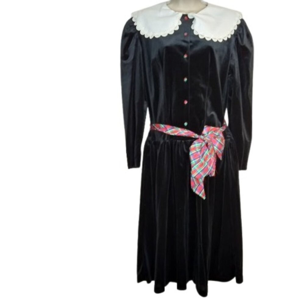 Vintage 1970's Pretty As A Picture Womens Holiday Dress Black Velvet Plus 18